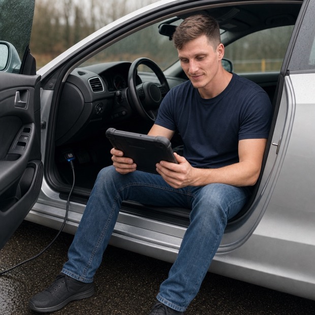 Technik čte živá data z diagnostiky připojené k vozu.